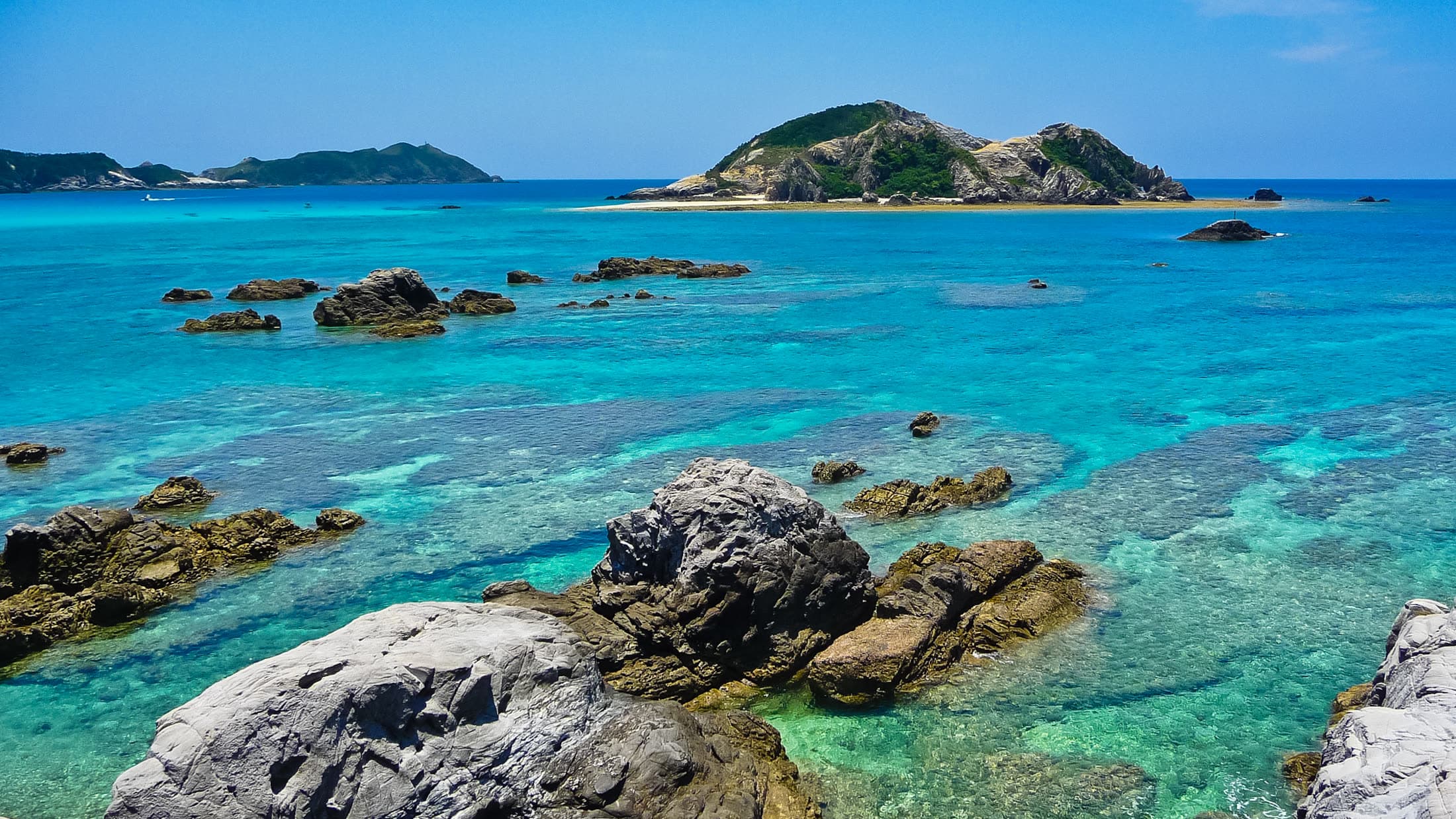 Turquoise sea with rocky islets in the Kerama Islands of Okinawa
